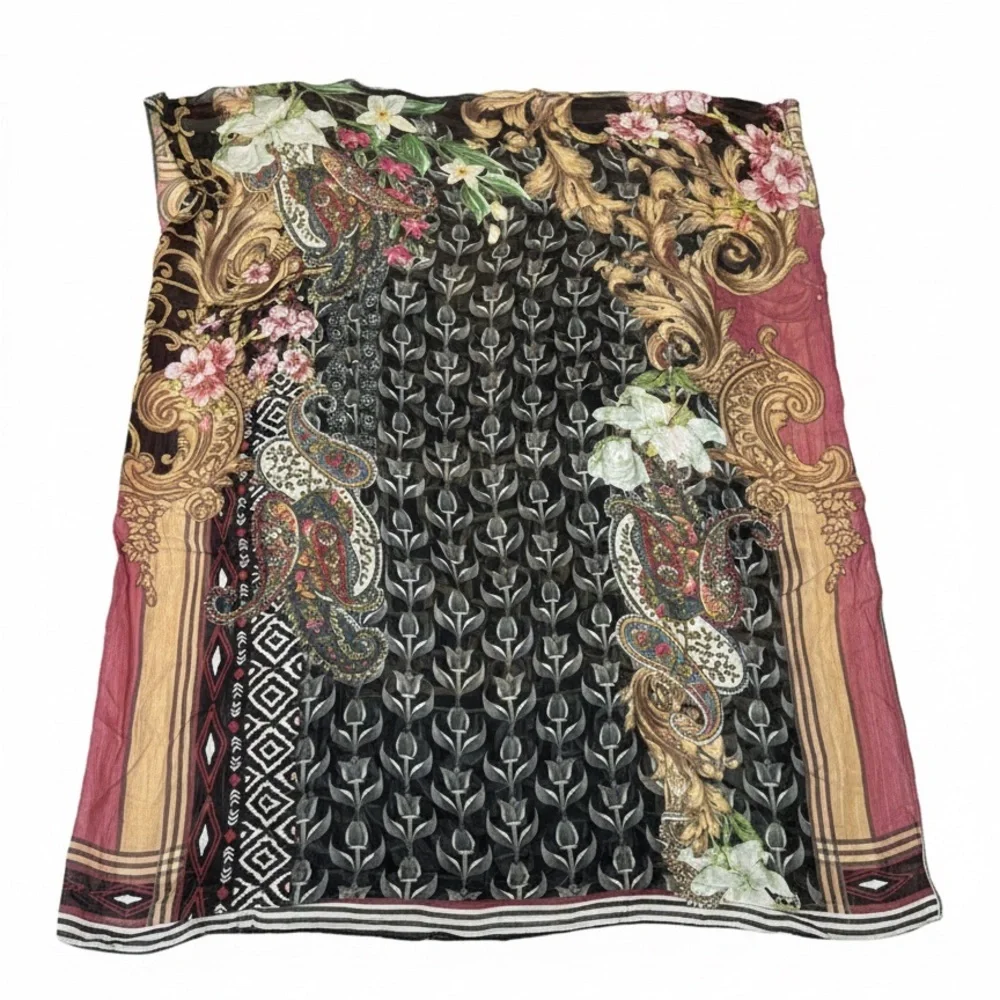 Oversized Baroque Floral & Paisley Scarf | Wrap Dark Romantic Chiffon Shawl - Picture 2 of 9